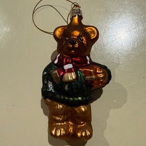 Blown Glass Teddy Bear Christmas Ornament with oval brass embossed tree tag